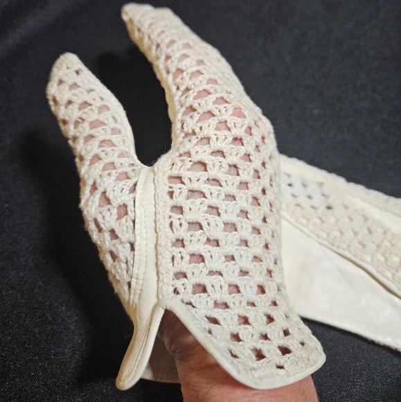 50s 60s Grandoe Leather & Crochet Cream Cottagecore Gloves Made Italy - Picture 10 of 15
